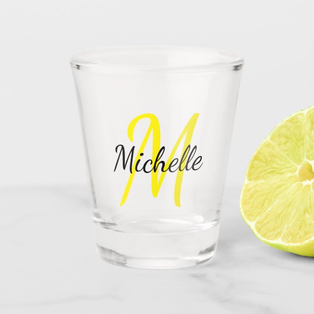 Yellow & Black Simple Monogram Classic Trendy Shot Glass (Front)
