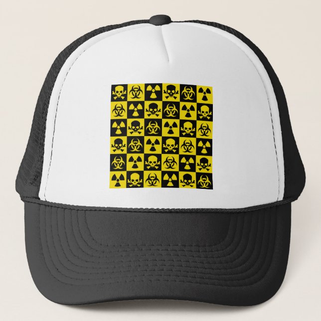 Yellow Black Skull Hazard pattern Checkers Trucker Hat (Front)