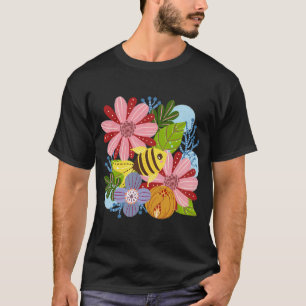 Yellow black stripe fish colourful flowers T-Shirt