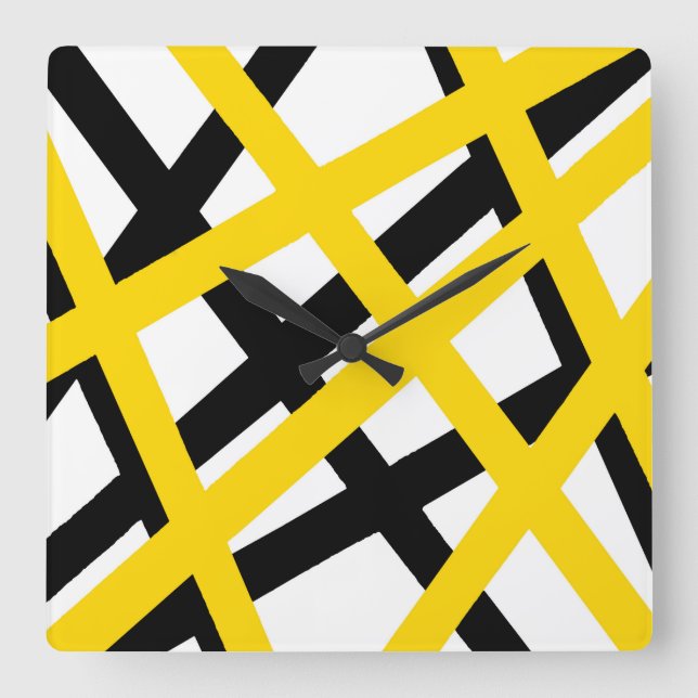 Yellow Black Stripe Geometric Square Wall Clock (Front)