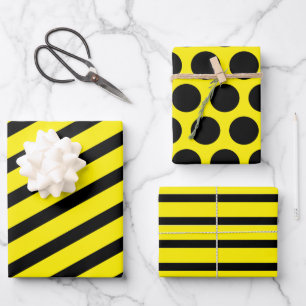 Yellow Black Striped Polka Dot Wrapping Paper Sheet