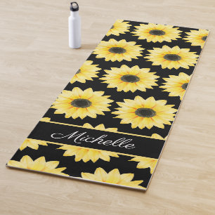 Yellow Black Sunflower Watercolor Pattern Custom Yoga Mat