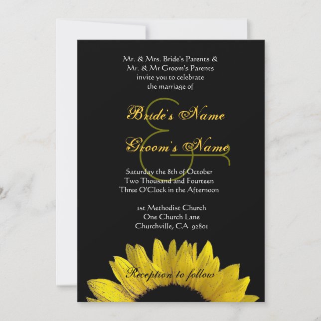 Yellow Black Sunflower Wedding Premium Metallic Invitation (Front)