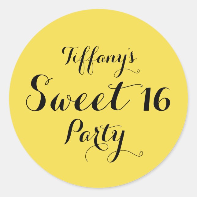 Yellow Black Sweet 16 Party Favour Sticker (Front)