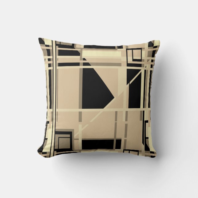 Yellow Black Taupe Rich Tan Abstract Labyrinth Cushion (Front)