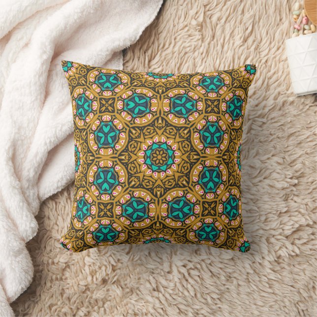 Yellow Black Teal Geometric Mandela Pattern Cushion (Blanket)