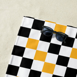 Yellow Black White Checkered Pattern Design  Beach Towel