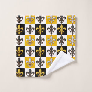 Yellow Black White Chequered Fleur-de-lis Design Bath Towel Set