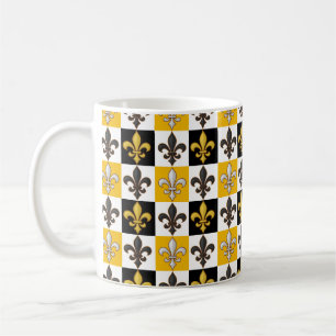 Yellow Black White Chequered Fleur-de-lis Design Coffee Mug