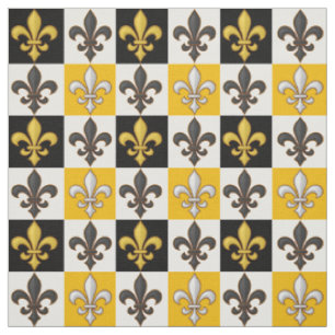 Yellow Black White Chequered Fleur-de-lis Design Fabric