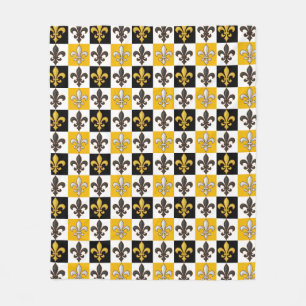 Yellow Black White Chequered Fleur-de-lis Design Fleece Blanket