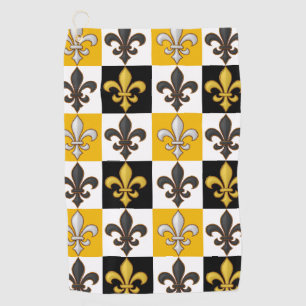 Yellow Black White Chequered Fleur-de-lis Design Golf Towel