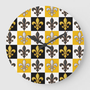 Yellow Black White Chequered Fleur-de-lis Design Large Clock