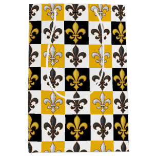 Yellow Black White Chequered Fleur-de-lis Design Medium Gift Bag