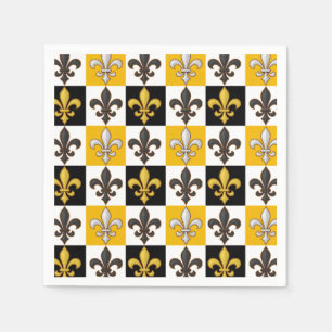 Yellow Black White Chequered Fleur-de-lis Design  Napkin