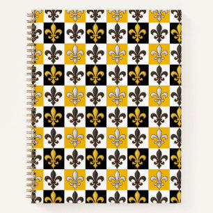 Yellow Black White Chequered Fleur-de-lis Design Notebook