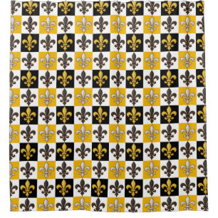Yellow Black White Chequered Fleur-de-lis Design Shower Curtain