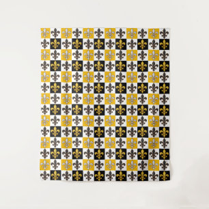 Yellow Black White Chequered Fleur-de-lis Design Tapestry