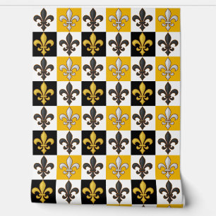 Yellow Black White Chequered Fleur-de-lis Design Wallpaper