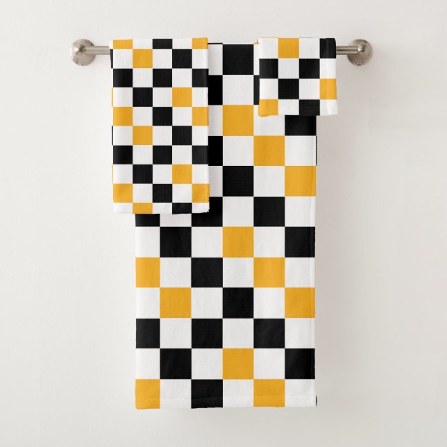 Yellow Black White Chequered Pattern Design  Bath Towel Set (Insitu)