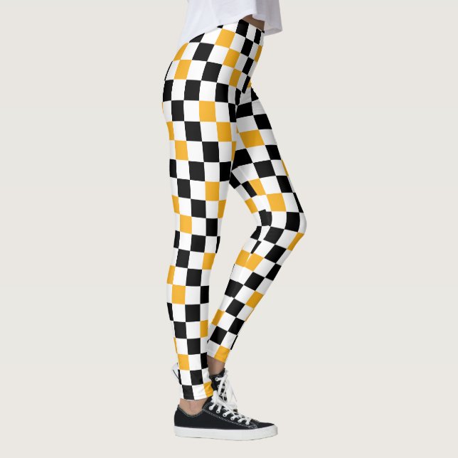 Yellow Black White Chequered Pattern Design  Leggings (Right)