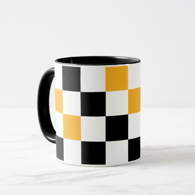 Yellow Black White Chequered Pattern Design  Mug (Front Left)