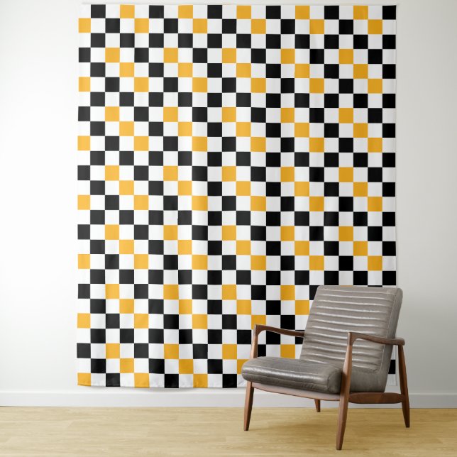 Yellow Black White Chequered Pattern Design  Tapestry (In Situ)