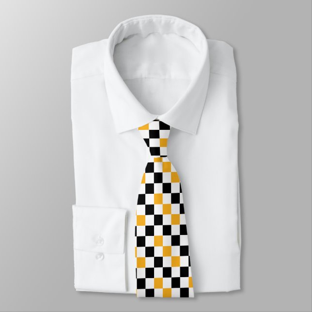 Yellow Black White Chequered Pattern Design  Tie (Tied)