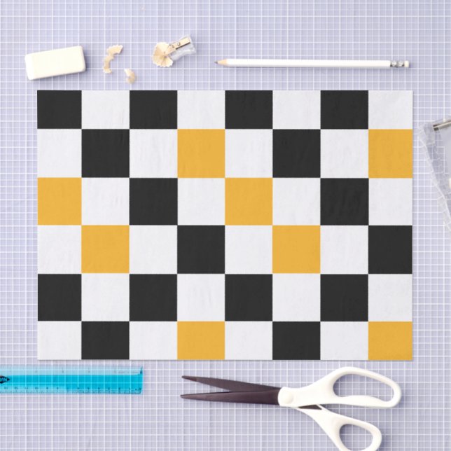Yellow Black White Chequered Pattern Design  Tissue Paper (Craft)