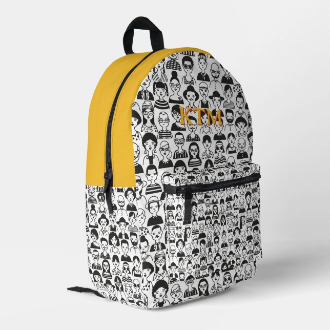 Yellow Black White Doodle Faces Monogram Printed Backpack (Back Corner Left)