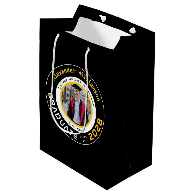 Yellow Black White Graduation Photo Medium Gift Bag (Front Angled)
