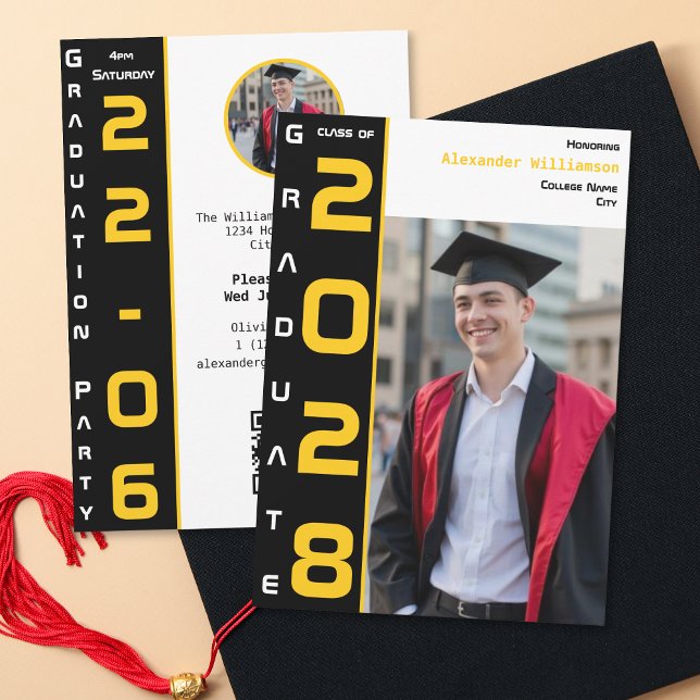 Yellow Black White Graduation Photo QR Code Party Invitation (Creator Uploaded)