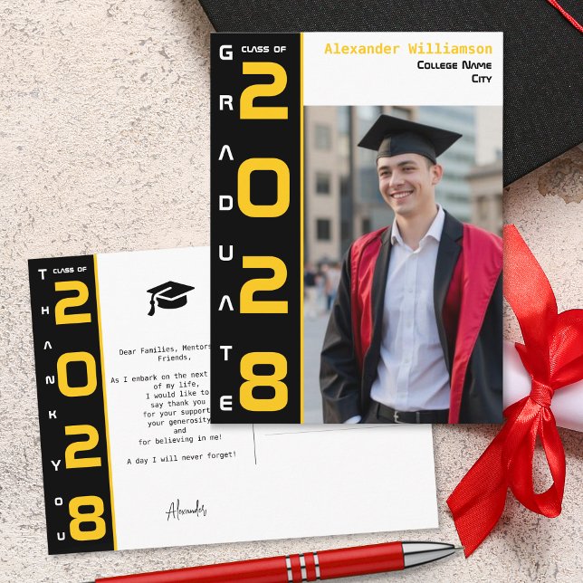Yellow Black White Graduation Photo Thank You Postcard (Creator Uploaded)