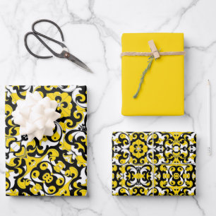 Yellow, Black & White Pattern Wrapping Paper Sheet