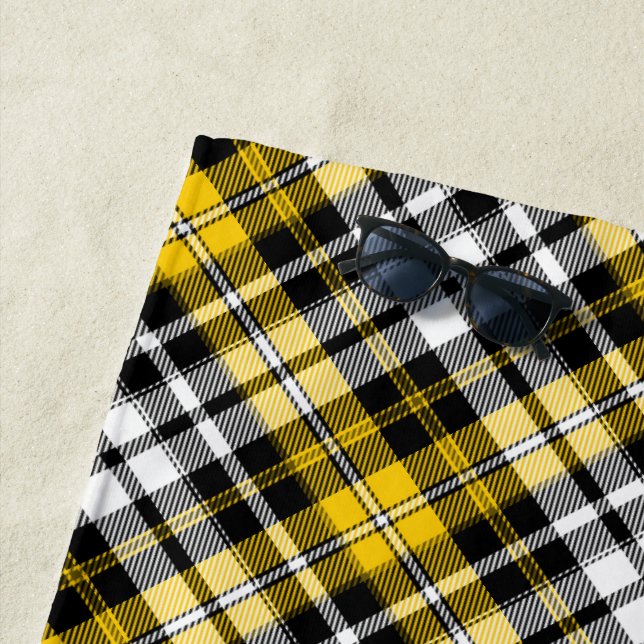 Yellow Black White Plaid Tartan Pattern Design  Beach Towel (In Situ)