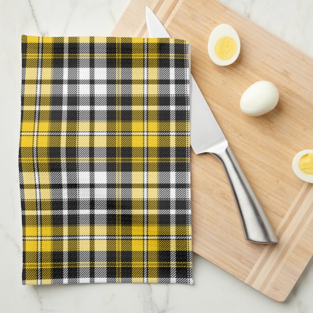 Yellow Black White Plaid Tartan Pattern Design  Tea Towel (Quarter Fold)