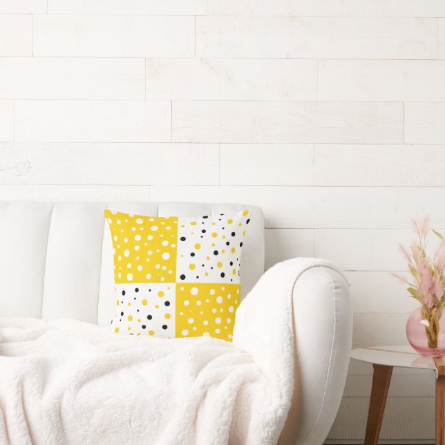 Yellow Black & White Polka Dot Colour Block Cushion (Couch)