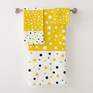 Yellow Black & White Polka Dot Geometric Pattern Bath Towel Set