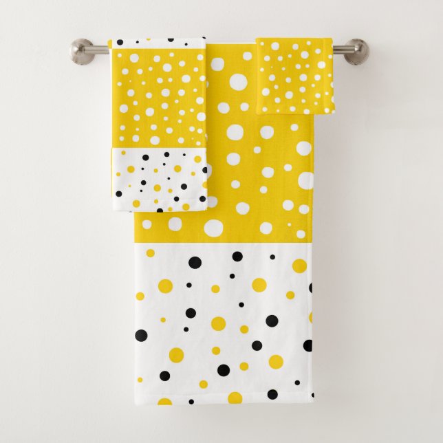 Yellow Black & White Polka Dot Geometric Pattern Bath Towel Set (Insitu)