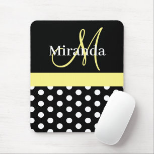 Yellow Black White Polka Dot Monogram Mouse Pad