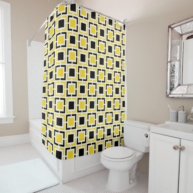 Yellow, Black White Retro Squares Shower Curtain (In Situ)