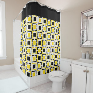 Yellow, Black White Retro Squares Shower Curtain