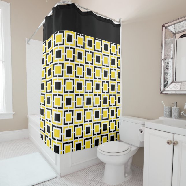 Yellow, Black White Retro Squares Shower Curtain (In Situ)