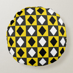 Yellow Black White Rhombus Diamond Shape Round Cushion