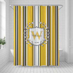 Yellow Black White Stripe Monogram Family Crest Shower Curtain