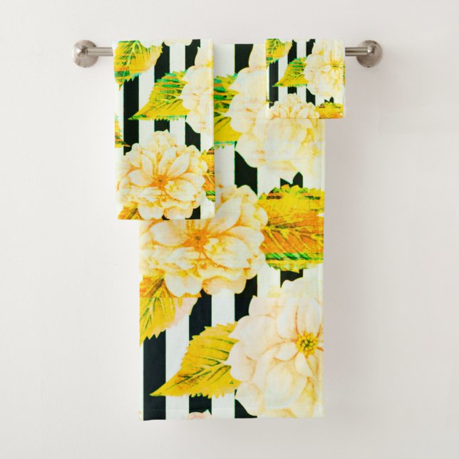 Yellow, Black & White Striped Towel Set (Insitu)