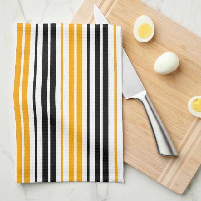 Yellow Black White Stripes Pattern Design  Tea Towel (Quarter Fold)