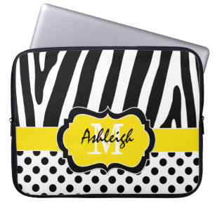 Yellow Black Zebra Stripes Polka Dots Laptop Case