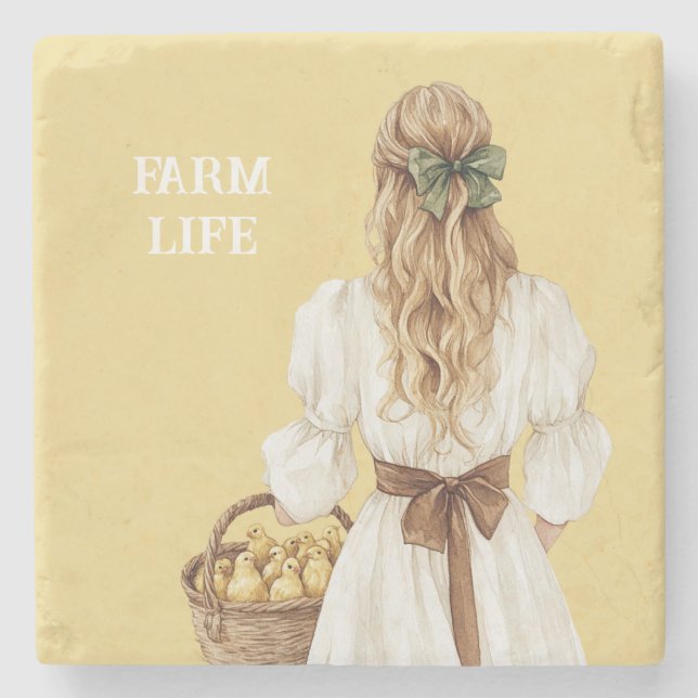 Yellow Blonde Basket of Chicks (chickens) Stone Coaster (Front)