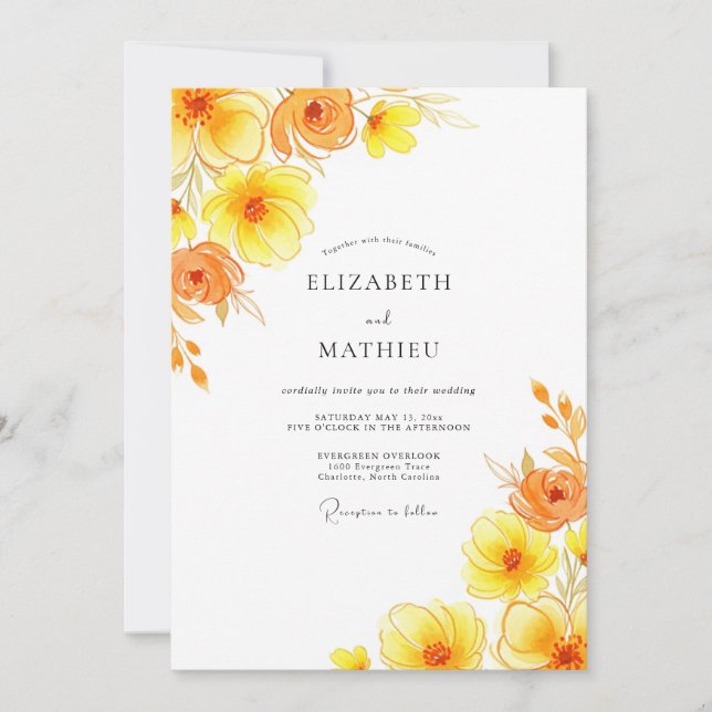 Yellow Bloom Romantic Wedding Invitation (Front)